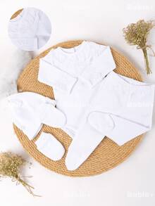 4-Piece Baby Girl Newborn Outfit Set, 100% Hypoallergenic Cotton Suedine Lace, White, Bodysuit, Footed Pants, Hat, Gloves. - 白色 - 查看 9