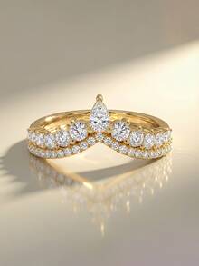 1枚经典奢华V形皇冠戒指，镶嵌钻石，适合作为订婚礼物、节日礼物，S925纯银精致珠宝礼品 - 水滴圓鑽皇冠戒指 - 查看 4