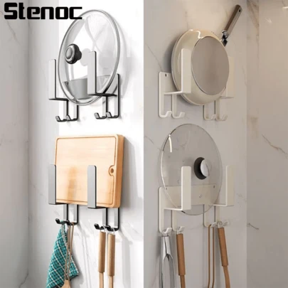 FOOKE No-Drill Pot Lid Holder, Multifunctional Kitchen Organizer Rack, Wall Mounted Cutting Board & Pot Lid Storage Shelf, Suitable For Placing Pot Lids, Cutting Boards, Pans, Kitchen Storage Supplies, Stainless Steel Material