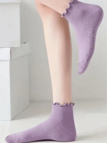 1 Pair/10 Pairs Random Purple Ruffle Edge Minimalist Versatile Breathable Non-Slip Fashion Women Short Socks, Spring/Summer - Multicolor - View 4