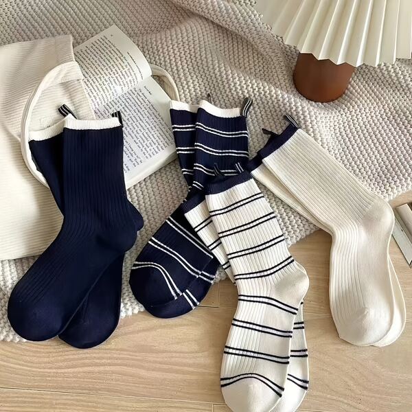 4 Pairs Striped Sports Socks - Calf Socks, Minimalist Mid-Calf Socks, Navy Blue And White Design, Soft And Comfortable Fabric, High Elasticity Moisture-Wicking , Suitable For Daily Casual And Sports Wear, All Seasons