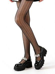 1 pieza Medias transparentes con patrón de diamantes, ligeras, transpirables y cómodas - Negro - Ver 4