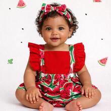 Jardineira Saia de Bebê Infantil Blogueirinha Melancia Frutas Frutinha Menina Alimentação Introdução Alimentar Ensaio Fotográfico Mesversário Temático Bebê Baby Aniversário Saia Glamour Premium Leve Tricoline 100% Algodão Ajustável e Com Elástico Fácil de Vestir - Vermelho - Visão 12