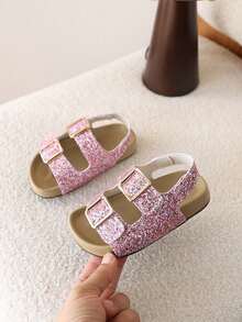 1 par de sandalias de princesa con cierre de gancho y bucle, estilo retro chic para niñas, suela blanda, zapatos de playa, nueva llegada de verano - Rosa - Ver 2
