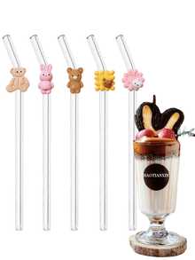 Cartoon Bear Cookie Shaped Transparent Glass Straws, Reusable For Milkshake, Smoothie, Juice, Cocktail, Cold Drinks, Party, Cartoon Bear & Rabbit Cookie Series Bent Glass Straws - View 7