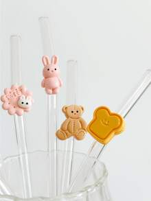 Cartoon Bear Cookie Shaped Transparent Glass Straws, Reusable For Milkshake, Smoothie, Juice, Cocktail, Cold Drinks, Party, Cartoon Bear & Rabbit Cookie Series Bent Glass Straws - View 5