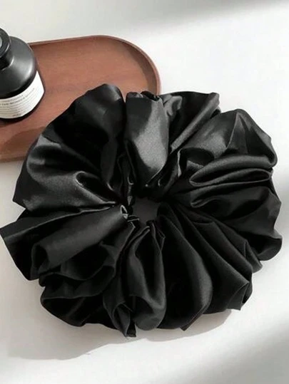 Elegant Black Satin Scrunchie, Hair Tie For Ponytail