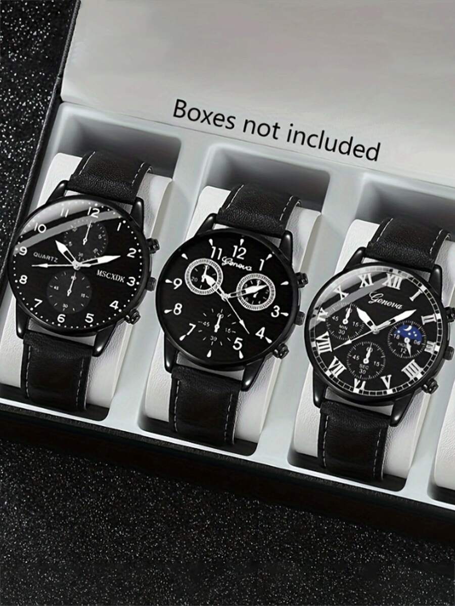 Set de 3 relojes de cuarzo versátiles y elegantes para hombres, conjunto de relojes de moda y minimalistas - Negro - Ver 1
