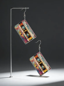 2D Flat Retro Colorful Cassette Tape Music Festival Earrings - Bohemian Style 2D Flat Acrylic Cartoon Pendant, Lightweight Jewelry, Suitable For Concerts, Festivals, Casual Outfits - Perfect Gift For Music Lovers - Audio Tape - View 3