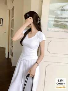 女士V领休闲纯色修身T恤 白色 夏季 - 白色 - 查看 3