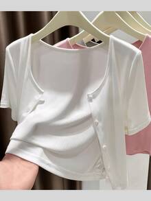 1pc Women's Asymmetrical Button Knit Cardigan, Long Sleeve Lightweight Shawl Collar Outwear, Black/White/Gray/Pink - Ribbed Shawl - View 10