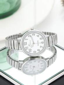 1件女士银色弹力表带时尚阿拉伯数字石英表，休闲圆形表盘腕表，适合日常佩戴，礼品 - 銀色 - 查看 3