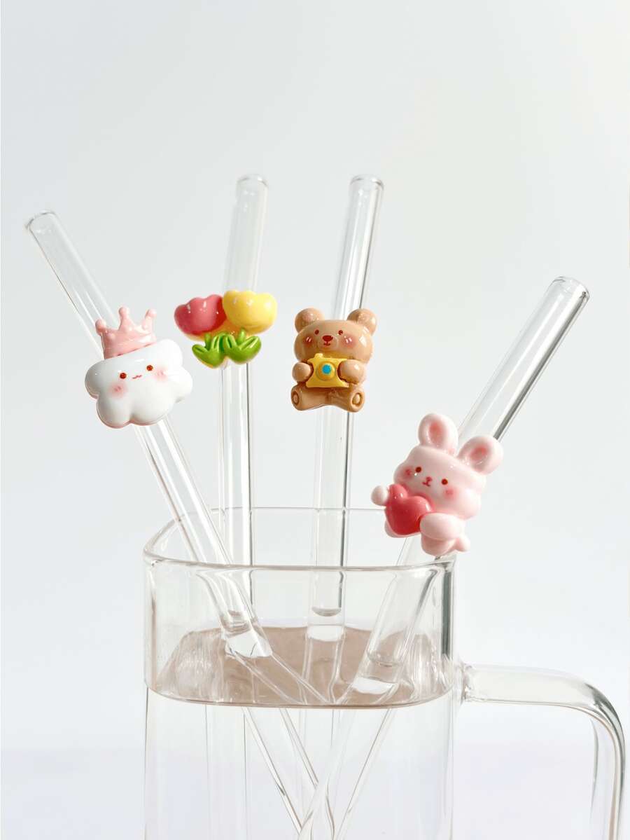 Creative Cute Cartoon Rabbit, Cloud, Flower, Bear Shaped Glass Straws, Transparent Smoothie, Milk Tea, Juice, Cocktail, Cold Drink Party Cute Animal Series Reusable Bent Glass Straws - View 1