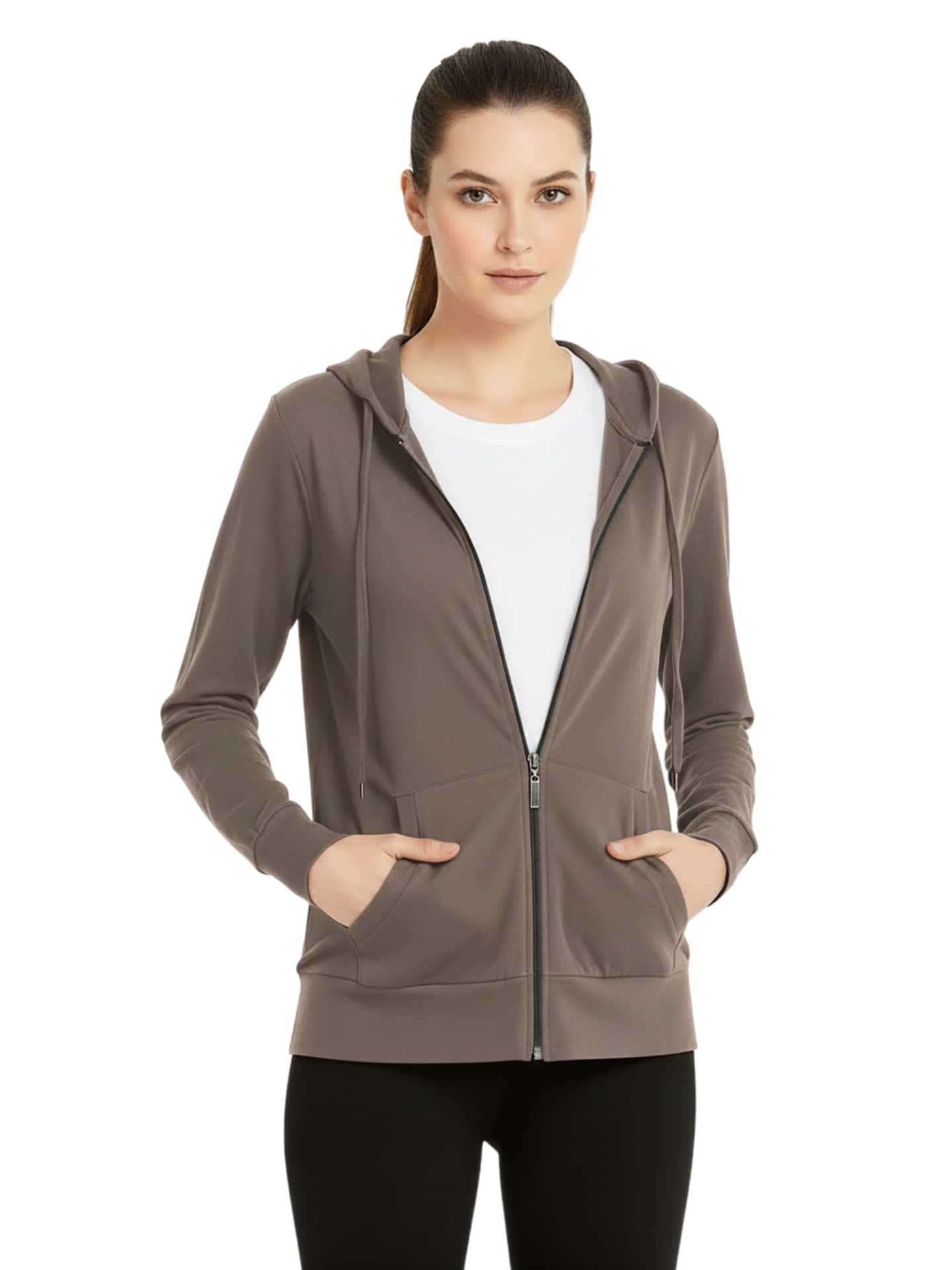 Women's Lightweight Cotton Hoodie Full Zip S-3XL With Pockets Hooded Sweatshirt Jacket Coat Solid Tops Regular & Plus Size Basic Layering Tops Warm Lightweight Cotton Zipper Hoodie Sweatshirt For Women Lady Sweatshirts Long Sleeve Outerwear For Spring Fall Winter Womenswear Activewear Streetwear - 灰褐色 - 查看 1