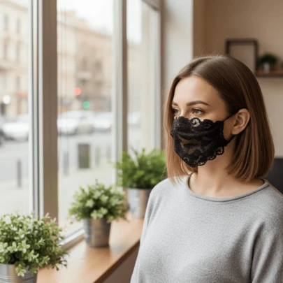 Máscara facial ajustable con aro para la oreja, de malla delgada, con bordado floral negro de encaje, máscara transpirable de primavera/verano para mujeres