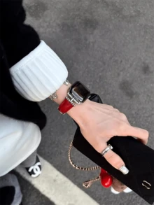 1条创意梅花三明治皮革表带，兼容38/40/41/42/44/45/46/49毫米表带，以及Ultra/SE10/9/8/7/6/5/4/3/2/1 - 紅銀 - 查看 2
