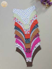 10 条装女士舒适透气心形豹纹无缝三角裤休闲家居内衣 - 彩色 - 查看 1