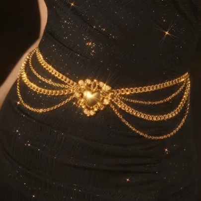 Rhinestone Heart Shaped Multi-Layer Tassel Waist Chain, Vintage Style Waist Decoration For Dresses