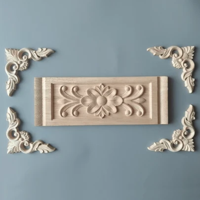 5pcs Unfinished Wooden Carved Inlaid Decorative Appliques, Exquisite Wood Carving, Suitable For Cabinet, Door, Furniture, Wall, Entryway, Office Decor, Holiday Decor, DIY