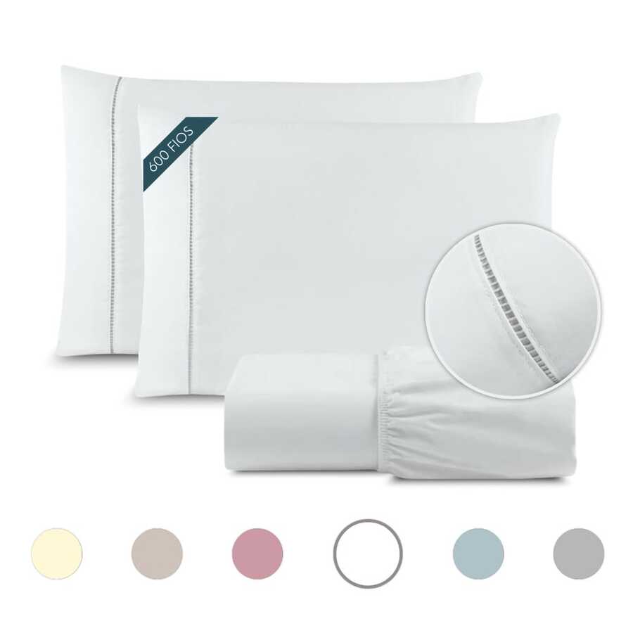 King Bed Sheet Set 3pcs Ponto Palito Cotton 600 Threads - White - View 1