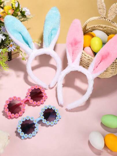 1/2 piezas Conjunto de gafas con orejas de conejo, relleno de canasta de Pascua - Regalo de Pascua para niños - Orejas de conejo de peluche aptas para bebés, niños y niñas, gafas de margarita - Idea de regalo de peluche de conejo único, accesorio de disfraz de Pascua