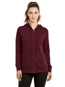 Women's Lightweight Cotton Hoodie Full Zip S-3XL With Pockets Hooded Sweatshirt Jacket Coat Solid Tops Regular & Plus Size Basic Layering Tops Warm Lightweight Cotton Zipper Hoodie Sweatshirt For Women Lady Sweatshirts Long Sleeve Outerwear For Spring Fall Winter Womenswear Activewear Streetwear - 酒紅色 - 查看 1
