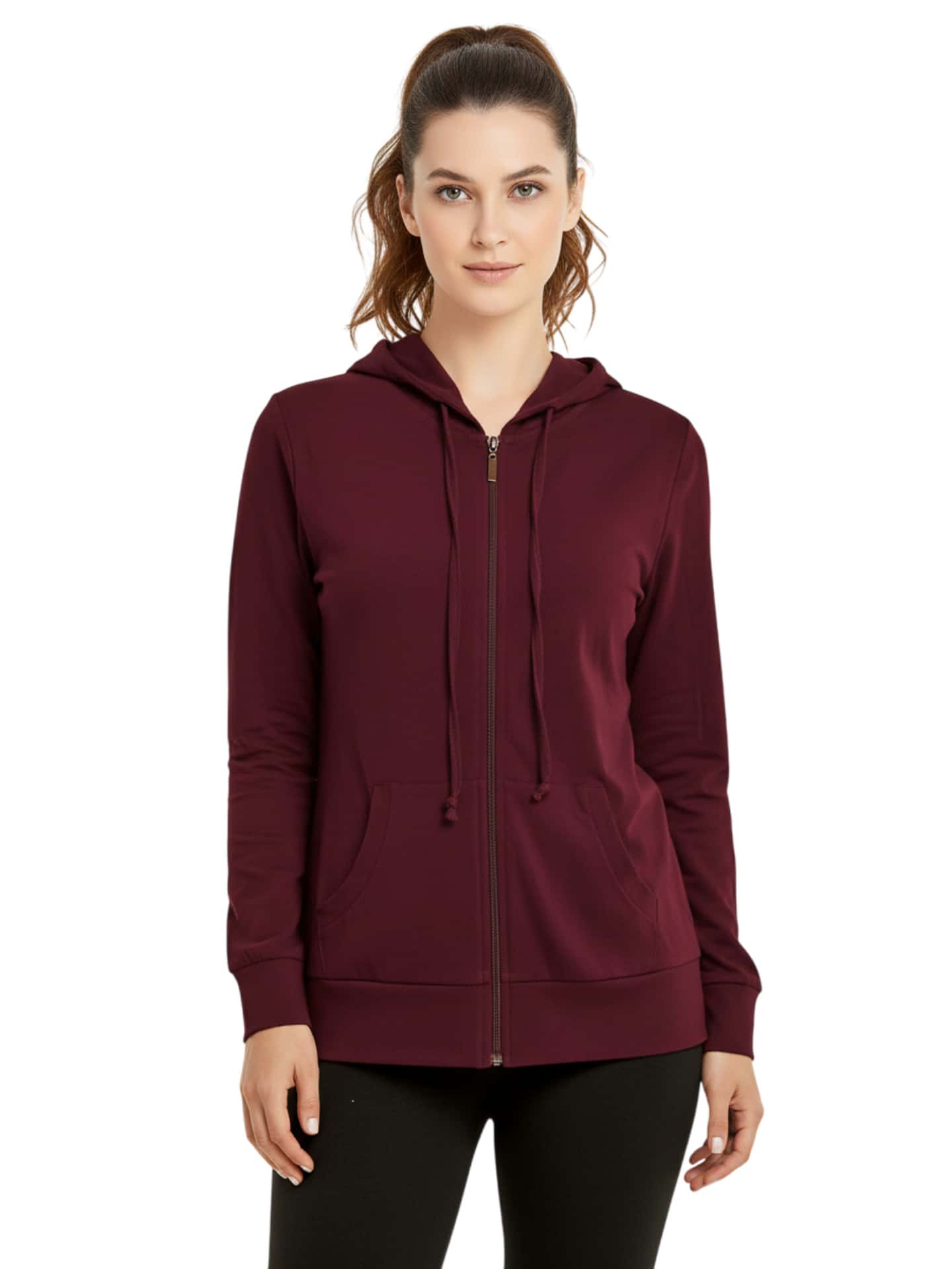 Women's Lightweight Cotton Hoodie Full Zip S-3XL With Pockets Hooded Sweatshirt Jacket Coat Solid Tops Regular & Plus Size Basic Layering Tops Warm Lightweight Cotton Zipper Hoodie Sweatshirt For Women Lady Sweatshirts Long Sleeve Outerwear For Spring Fall Winter Womenswear Activewear Streetwear - 酒紅色 - 查看 1