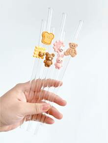 Cartoon Bear Cookie Shaped Transparent Glass Straws, Reusable For Milkshake, Smoothie, Juice, Cocktail, Cold Drinks, Party, Cartoon Bear & Rabbit Cookie Series Bent Glass Straws - View 6