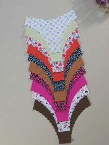 10 条装女士舒适透气心形豹纹无缝三角裤休闲家居内衣 - 彩色 - 查看 2