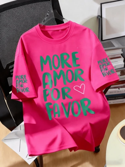 Plus Size Round Neck Short Sleeve T-Shirt With Printed Text & Graphics, Suitable For Daily Wear, Outings, Festivals, Beach, Parties, School, Music Festivals, Vacations, Work And Casual Occasions Summer