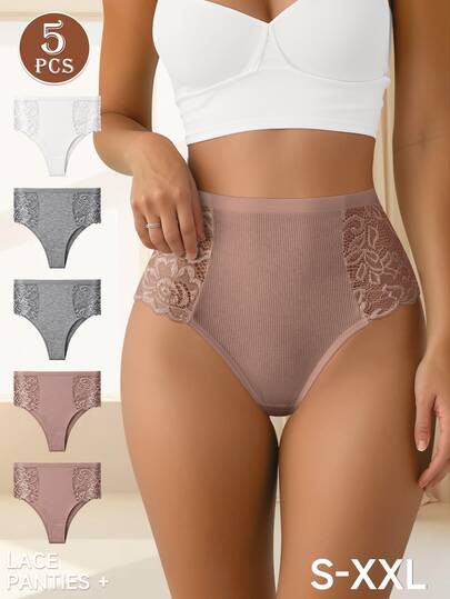 5pcs Women High Waist Lace Print Breathable Mesh Soft Elastic Briefs, Comfortable Skin-Friendly, Ideal Gift Choice