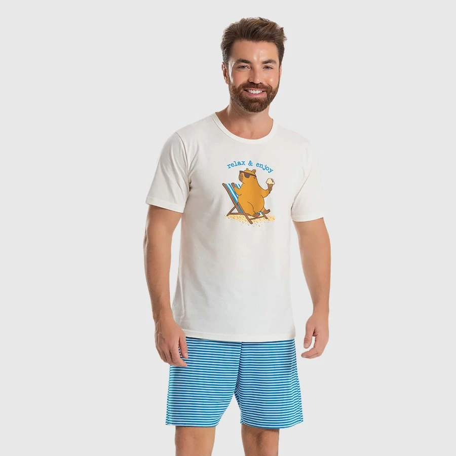 Sweet Night Pajamas Pijama Adulto Masculino Capivara Relax Manga Curta Conjunto Curto