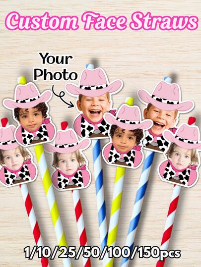 Personalized Birthday Straws, Customized Face Photo Straws - Straws With Cowboy Hats And Photos, Personalized Birthday Photo Straws, Bachelor / Bachelorette Party Straws, Fun Photo Decorations, Party Gifts, Party Ornaments, Personalized Gifts For Children, Friends, And Loved Ones, Suitable For Birthdays, Weddings, Holidays, Celebration Parties, Creative Decorations, Surprise Gifts, Wedding Essentials, Anniversary Surprise Gifts, Friend Gathering Supplies, Fun And Novel Gadgets