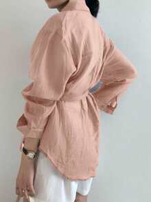 Blusa suelta con nudo delantero de unicolor casual para mujer, primavera/otoño - Rosa Pálido - Ver 2