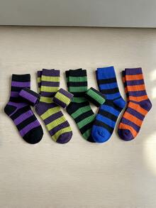1/2/3/4/5/6/Pairs Random Women's Retro Striped Crew Socks, Y2K Grunge Style Ribbed Knit Cotton Mid-Calf Hosiery For Daily Wear & Cosplay - Purple - View 1