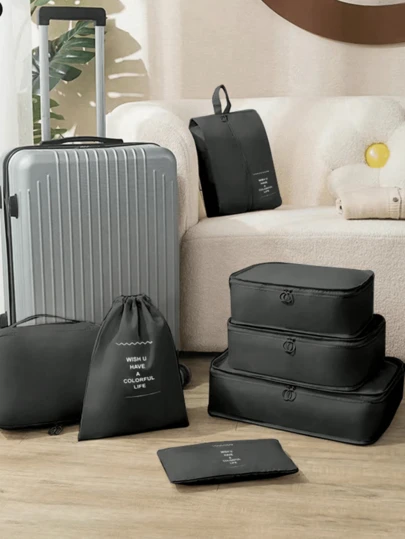 7/1pc Extra Large Capacity Travel Organizer Set, Foldable Travel Luggage Organizer Bags, Big Waterproof Packing Cubes, Laundry Bag, Shoe Bag, Drawstring Bag, Travel Organizer, Cosmetic Bag, Underwear Bag, Makeup Bag, Organizer Bags, Easily Organize Your Clothes, Suitable For Pens, Eyeshadow Brushes, Sanitary Napkin Organizer, Lipstick Organizer, Makeup Brushes, Eyeliner, Lip Gloss, Skincare, Toothbrush Cup, Soap Shampoo, Comb, Watch, Phone, Necklace, Jewelry, Digital Products