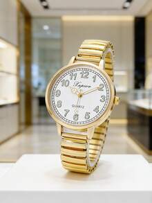 1 chiếc đồng hồ nữ dây đeo co giãn màu vàng, mặt số Ả Rập, máy quartz, kiểu dáng thường ngày, mặt tròn, thích hợp để đeo hàng ngày, quà tặng. - Vàng - Xem 2