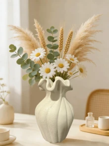 1pc Boho Style White Striped Ceramic Vase With Fresh Flowers, Modern Small Vase Suitable For Pampas Grass, Home Decor For Living Room, Coffee Table Or Bookshelf, Gift, Living Room Decor | Boho Style Vase | Ribbed Vase, Vase Decor - Multicolor - View 11