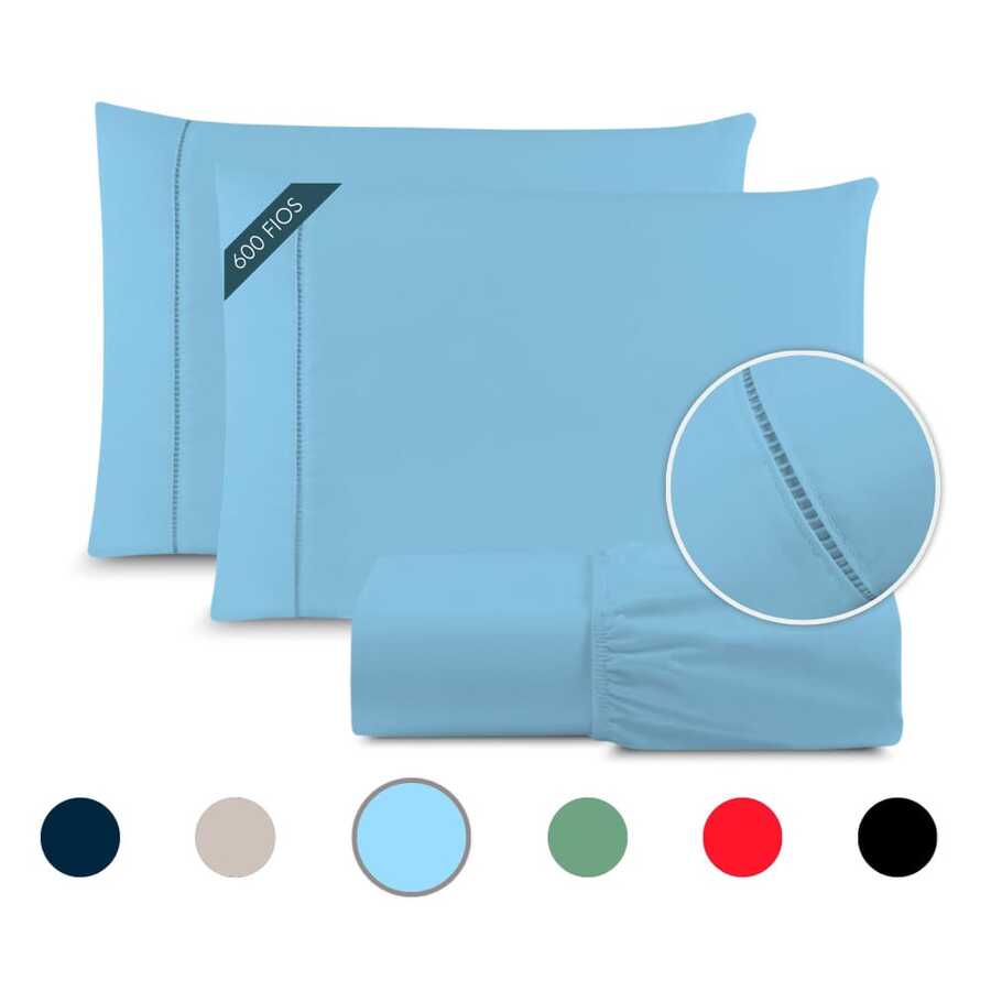 King Size 3-Piece Sheet Set, Hemstitch, 600 Thread Count Cotton - 淺藍色 - 查看 1