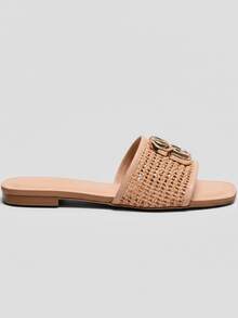 Women's Flat Sandal, Casual, Gold Detail, Elegant, Comfortable, Fashion Blogger Style - Beige - View 4