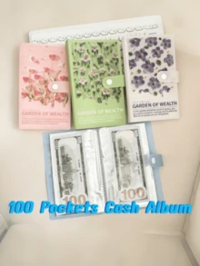 100 Pockets Cash Budget Planner Book, 50 Sheets Sleeves Flower Wealth Album, Postcards Organizer - Multicolor - View 2