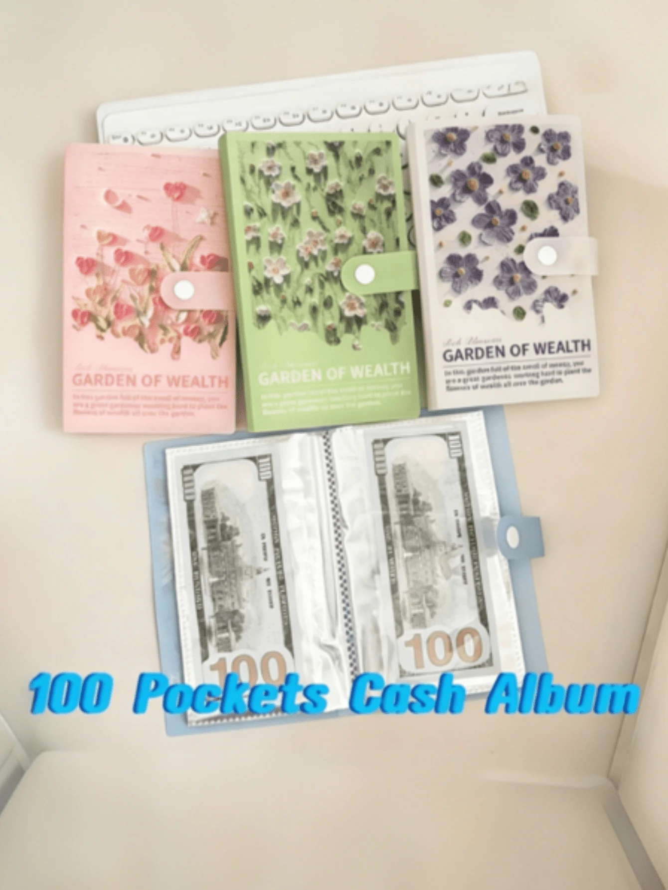 100 Pockets Cash Budget Planner Book, 50 Sheets Sleeves Flower Wealth Album, Postcards Organizer