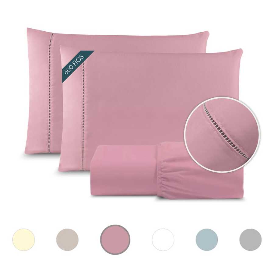King Bed Sheet Set 3pcs Ponto Palito Cotton 600 Threads - 乾枯玫瑰色 - 查看 1
