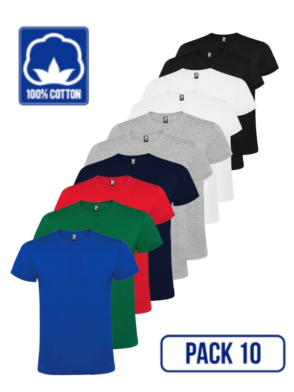 Roly Pack de 10 Camisetas de manga corta (Envío en 48 horas) – Varias Tallas – Varios Colores – 100% algodón, cuello redondo doble, costuras reforzadas, tejido tubular, camiseta básica, camiseta unisex, camiseta económica.