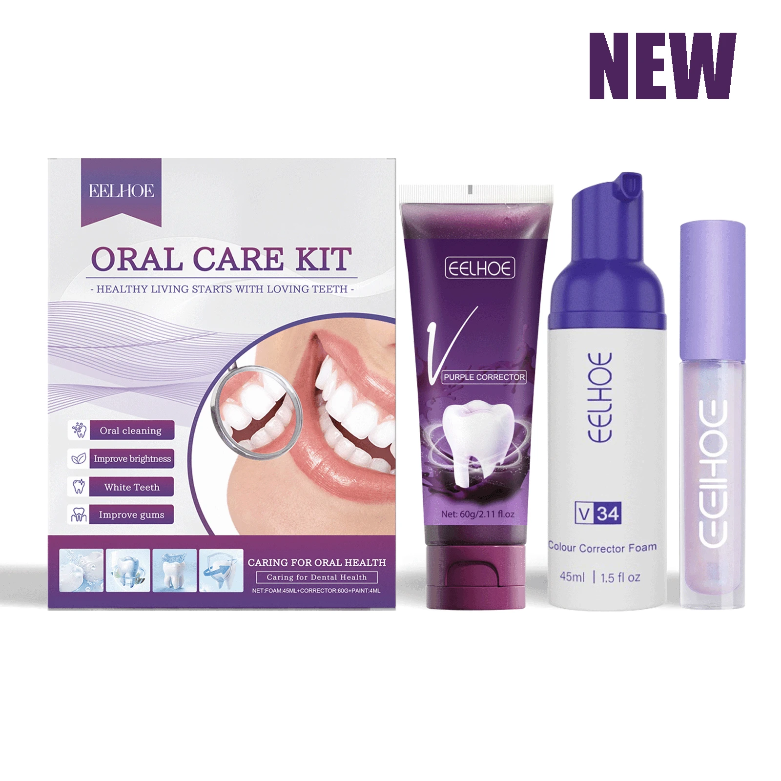 5pcs/Set Purple Whitening Toothpaste,Teeth Whitening Pen,Removing Stains And Yellowing Teeth,Eliminating Bad Breath,Personal Care Cleaning Toothpaste,Travel Suit Tooth Bleach Gel,Care For Gums,Gift For Women,Girl And Parents - 紫色 - 查看 1