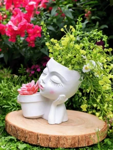 人脸造型花盆/花盆，适用于室内外植物，树脂材质，适合种植多肉植物，底部有排水孔，造型可爱，女性脸部造型。 - A - 查看 7
