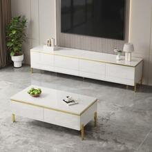 Modern Luxury TV Stand And Tea Table Set, High-Gloss Solid Color Surface, Gold Trim, Ample Storage Space - 白色 - 查看 1
