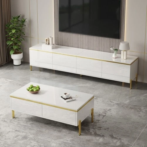 Modern Luxury TV Stand And Tea Table Set, High-Gloss Solid Color Surface, Gold Trim, Ample Storage Space - 白色 - 查看 1