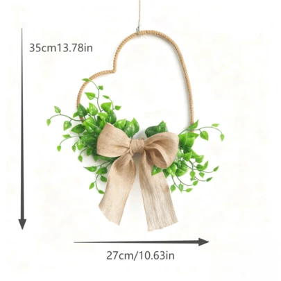 Vòng hoa hình trái tim bằng sợi đay, trang trí bằng lá xanh và nơ, phong cách mộc mạc, thích hợp để treo trên cửa, tường, cửa sổ, phù hợp cho mùa xuân/hè, đám cưới, lễ hội hoa và các dịp khác, trang trí nhà quanh năm.