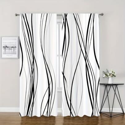 قطعتان من الستائر البسيطة، ستائر ديكورية لجميع المواسم، ذات خطوط سوداء وبيضاء، من ألياف البوليستر بنسبة 100%، مناسبة لغرف النوم والمكاتب والشرفات وغرف المعيشة والمنازل والمدارس الداخلية ونوافذ الخليج، ستائر ديكور منزلي متعددة الاستخدامات